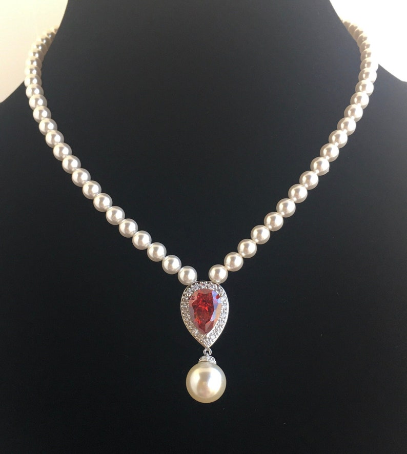 Red Pearl Necklace Red Ruby Cubic Zirconia Bridal Backdrop Necklace Red Crystal Wedding Teardrop Necklace Red Pearl Bridesmaid Jewelry Gifts imagem 1