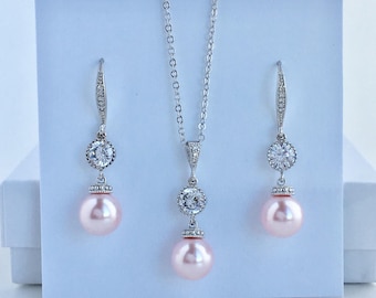 Pink Pearl Bridal Jewelry Blush Pink Pearl Wedding Cubic Zirconia Jewelry Blush Pink Austrian Pearl Jewelry Pink Bridesmaid Pearl Jewelry