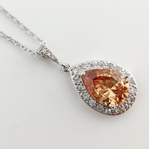 Morganite Crystal Necklace Champagne Bridal Necklace Wedding Peach Crystal Teardrop Necklace Champagne Peach Crystal Wedding Jewelry