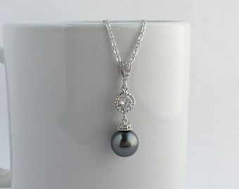 Dark Grey Pearl Jewelry Crystal Bridal Necklace Wedding Cubic Zirconia Jewelry Rhodium Pendant Austrian Crystal Pearl Jewelry Bridesmaid