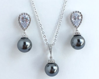 Dark Grey Pearls and Crystal Bridal Set Wedding Cubic Zirconia Sliver Earrings and Necklace Bridesmaid Rhodium Austrian Pearl Jewelry Set