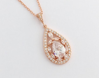 Rose Gold Teardrop Necklace: Cubic Zirconia Crystal Bridal Pendant