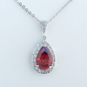 Red Ruby Cubic Zirconia Teardrop Bridal Necklace Wedding Red Crystal Teardrop Pendant Ruby Rhodium Crystal Jewelry Red Bridesmaid Jewelry