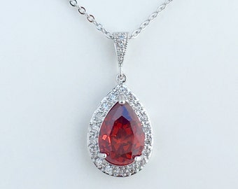 Red Ruby Cubic Zirconia Teardrop Bridal Necklace Wedding Red Crystal Teardrop Pendant Ruby Rhodium Crystal Jewelry Red Bridesmaid Jewelry