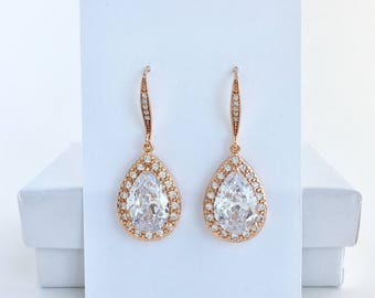 Pendientes nupciales de oro rosa oro plata cristal pendientes de oro rosa pendientes de boda oro rosa zirconia pendientes joyería dama de honor de oro rosa