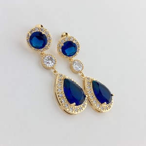 Blue Halo Crystal Earrings Blue Bridal Earrings Blue Crystal Earrings Blue Gold Wedding Earrings Blue Gold Bridesmaid Jewelry Blue Jewelry