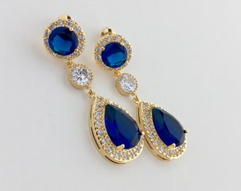 Blue Halo Crystal Earrings Blue Bridal Earrings Blue Crystal Earrings Blue Gold Wedding Earrings Blue Gold Bridesmaid Jewelry Blue Jewelry