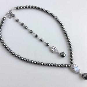 Dark Grey Pearl Bridal Necklace Pearl Backdrop Necklace Wedding Pearl Crystal Teardrop Necklace Crystal Wedding Jewelry Grey Pearl Necklace
