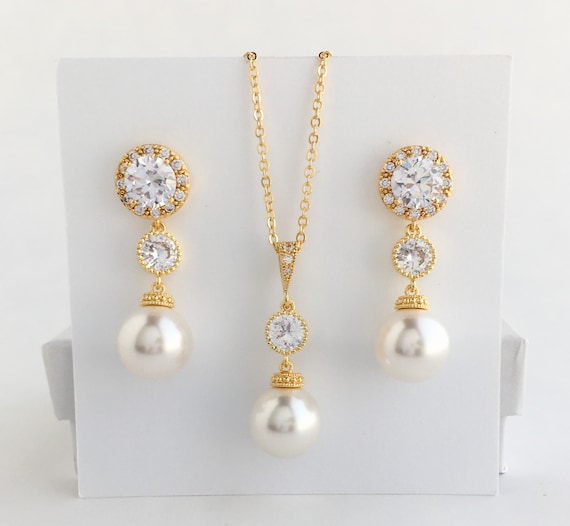 Gold Pearl Bridal Jewelry Gold Wedding Crystal Jewelry Cubic Zirconia Pearl Set Bridesmaid Jewelry Austrian Pearl Jewelry Gold Crystal  Set