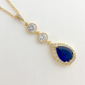 Blue Long Gold Bridal Necklace Blue Gold Crystal Pendant Blue Gold Wedding Necklace Blue Bridesmaid Gold Jewelry Long Sapphire Gold Necklace