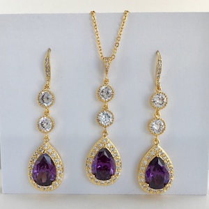 Purple Long Gold Bridal Jewelry Purple Gold Jewelry Purple Gold Teardrop Set Amethyst Gold Wedding Jewelry Purple Bridesmaid Gold Jewelry