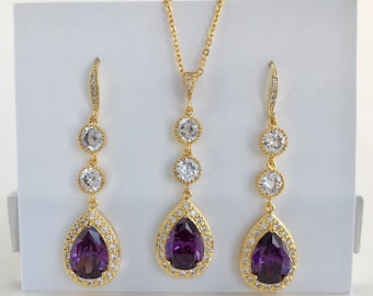 Roxo longo ouro jóias de noiva roxo ouro jóias roxo ouro lágrima conjunto ametista ouro jóias de casamento roxo dama de honra jóias de ouro