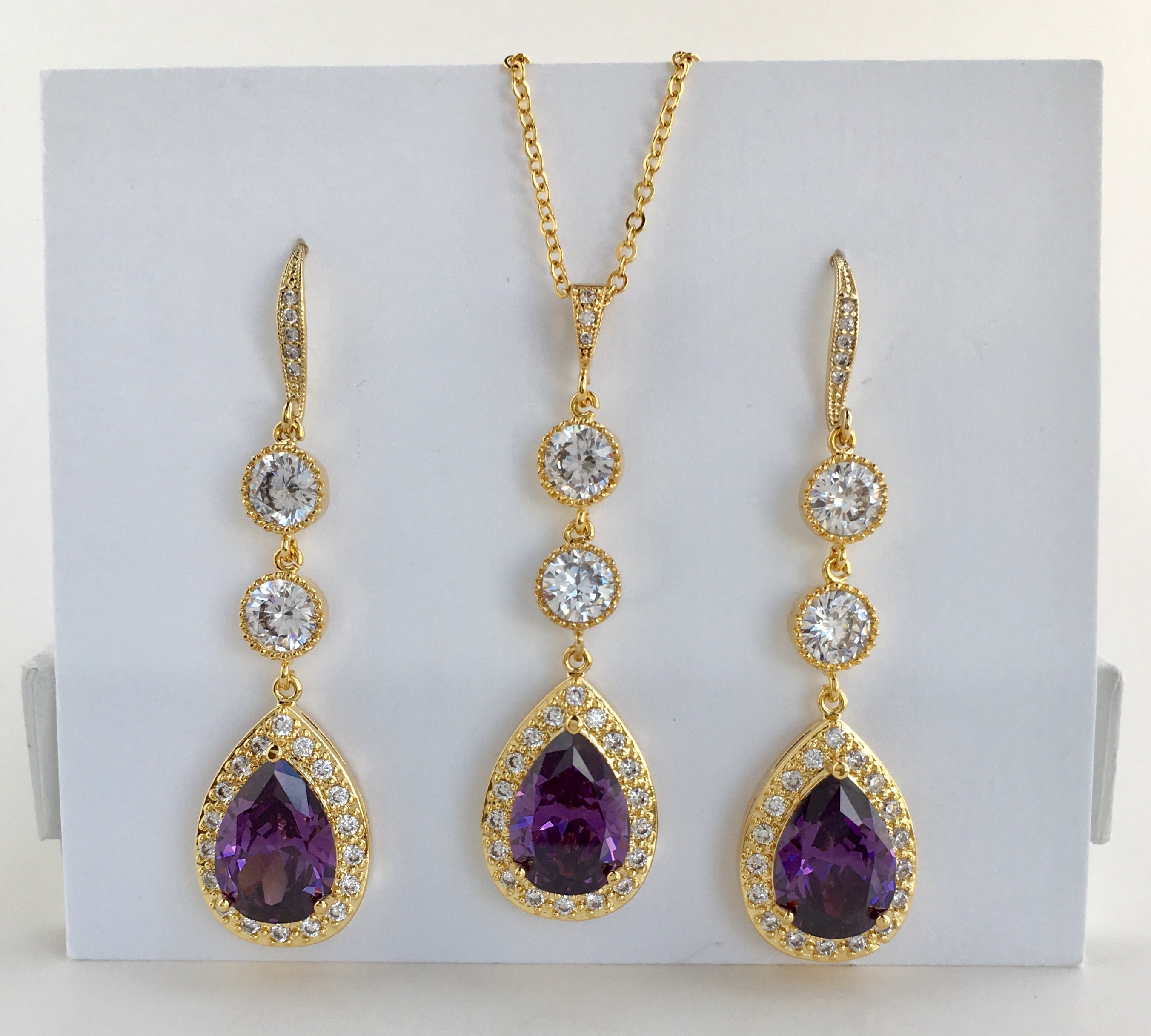 Purple Long Gold Bridal Jewelry Set