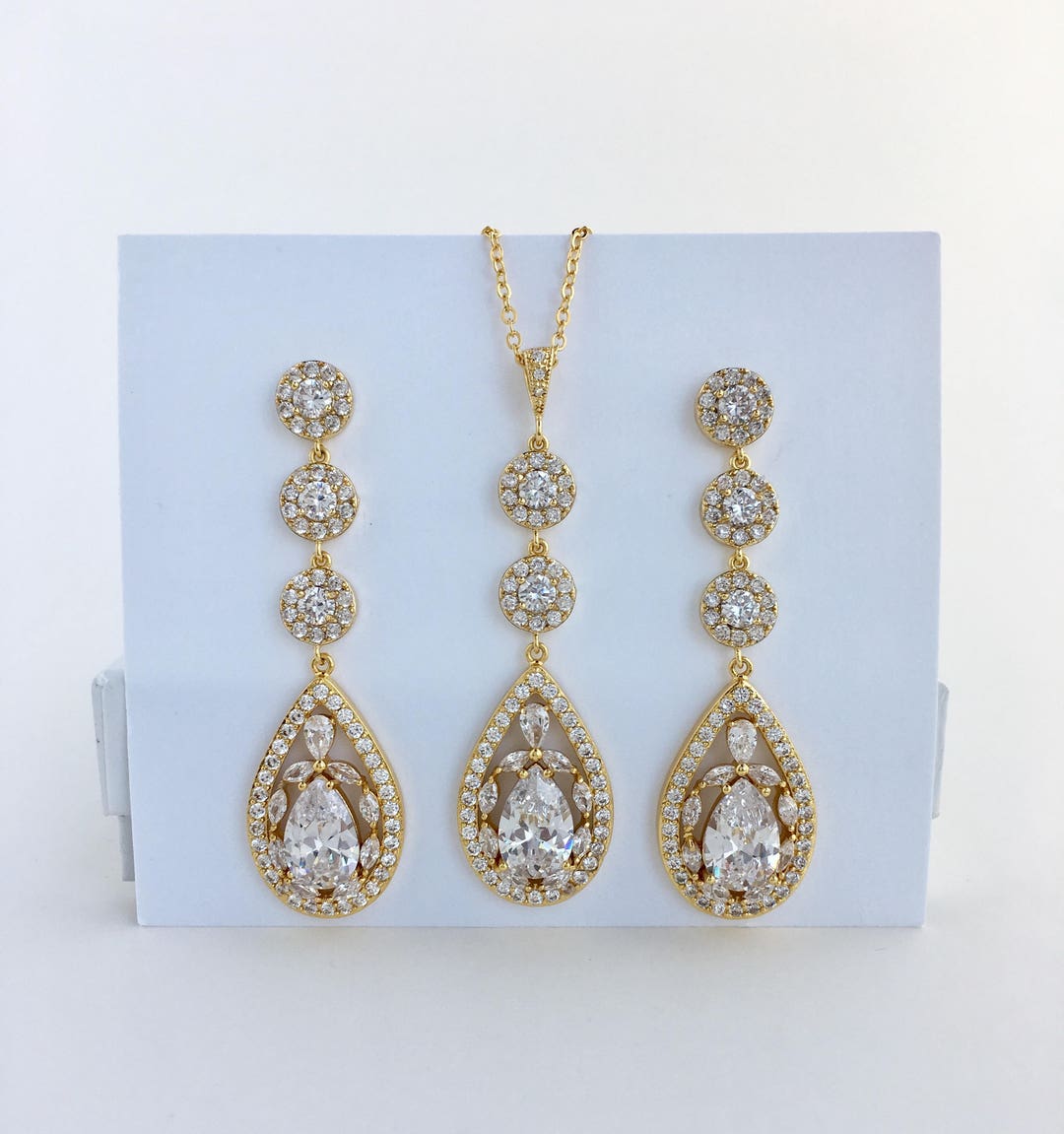 Light Gold Set Long Gold Crystal Set Long Gold Teardrop Set Long Gold Wedding Jewelry ...
