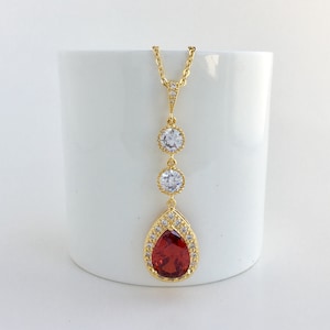 Red Gold Bridal Necklace Ruby Gold Crystal Pendant Red Gold Necklace Red Bridesmaid Gold Jewelry Long Red Bridal Necklace Red Gold Jewelry