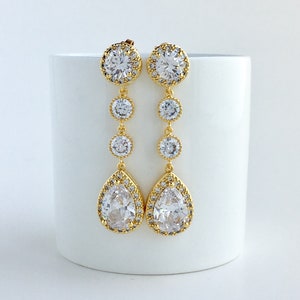 Long Gold Bridal Earrings Halo Gold Cubic Zirconia Earrings Long Gold Crystal Earrings Gold Wedding Long Earrings Gold Bridesmaid Jewelry