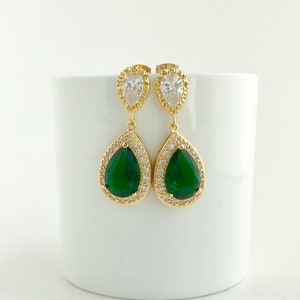 Emerald Green Bridal Earrings: Gold Teardrop Cubic Zirconia Jewelry