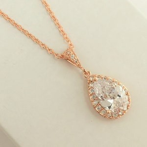 Rose Gold Plated Cubic Zirconia Teardrop Bridal Necklace Wedding Crystal Teardrop Pendant Rose Gold Plated Crystal Wedding Jewelry