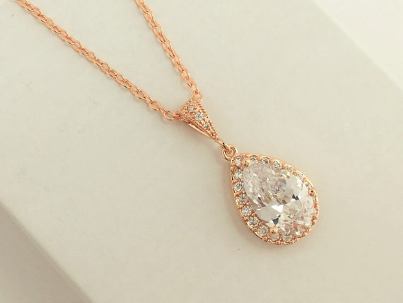 Rose Gold Plated Cubic Zirconia Teardrop Bridal Necklace | Etsy