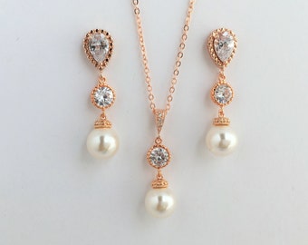 Oro rosa bañado en perlas y cristal Conjunto nupcial de boda Zirconia cúbica y oro rosa Pendientes de gota y collar Rosa Joyería de perlas austriacas