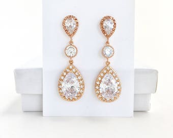 Rose Gold Crystal Earrings Rose Gold Bridal Earrings Rose Gold Cubic Zirconia Earrings Rosegold Wedding Earrings Rosegold Bridesmaid Jewelry