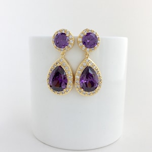 Purple Crystal Gold Earrings Amethyst Gold Cubic Zirconia Earrings Purple Wedding Jewelry Purple Bridesmaid Jewelry Purple Halo Earrings