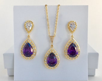 Gold Purple Crystal Set Gold Purple Cubic Zirconia Set Purple Bridal Gold Set Purple Bridesmaid Gold Jewelry Amethyst Gold Wedding Jewelry