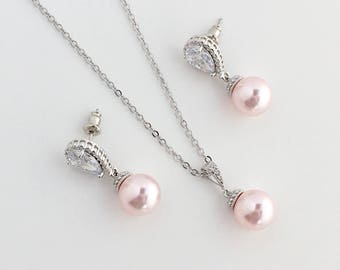 Blush Pink Bridal Pearl Jewelry Set Rose Crystal Wedding Necklace and Earrings Pink Cubic Zirconia Bridal Set Bridesmaid Jewelry Rose Pearl