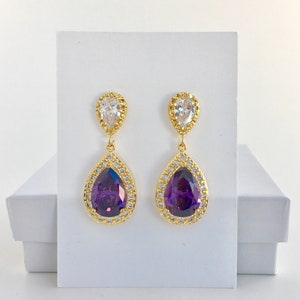 Purple Bridal Gold Earrings Purple Wedding Crystal Earrings Purple Wedding Gold Earrings Purple Bridesmaid Jewelry Amethyst Gold Earrings