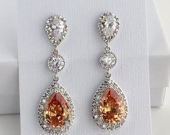 Morganite Crystal Earrings Peach Bridal Earrings Cubic Zirconia Drop Earrings Champagne Wedding Earrings Champagne Bridesmaid Jewelry Peach