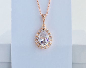 Rose Gold Cubic Zirconia Necklace Rose Gold Teardrop Bridal Necklace Rose Gold Crystal Teardrop Pendant Rose Gold Crystal Wedding Jewelry