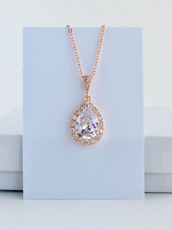 Rose Gold Cubic Zirconia Necklace Rose Gold Teardrop Bridal