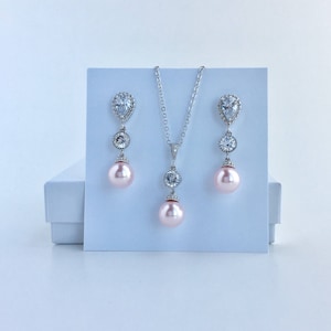 Blush Pink Pearl Bridal Jewelry Set: Cubic Zirconia Necklace & Earrings