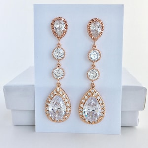Long RoseGold Crystal Earrings Long Rose Gold Bridal Earrings Long Rose Gold Wedding Earrings Rose Gold Bridesmaid Jewelry RoseGold Jewelry