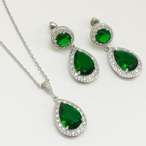 Green Emerald Wedding Crystal Bridal Cubic Zirconia Silver Jewelry Set Green ChristmasTeardrop Halo Rhodium Set Green Bridesmaid Jewelry Set