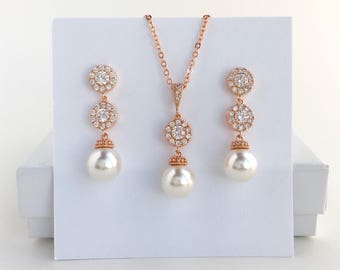 Oro rosa perla Conjunto nupcial Halo Boda Cúbica Zirconia Joyería Oro rosa Joyería de perlas austriacas Joyería de dama de honor de cristal de oro rosa