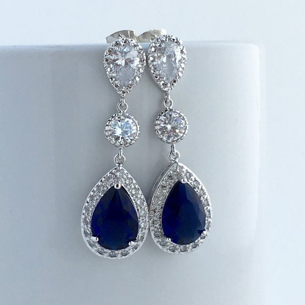 Blue Sapphire Wedding Crystal Earrings Bridal Cubic Zirconia Silver Drop Earrings Wedding Teardrop Rhodium Earrings Sapphire Bridal Earrings