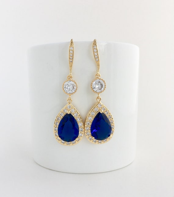 Blue Sapphire Sterling Silver Jewelry Set - Teardrop CZ Necklace & Earrings For Women