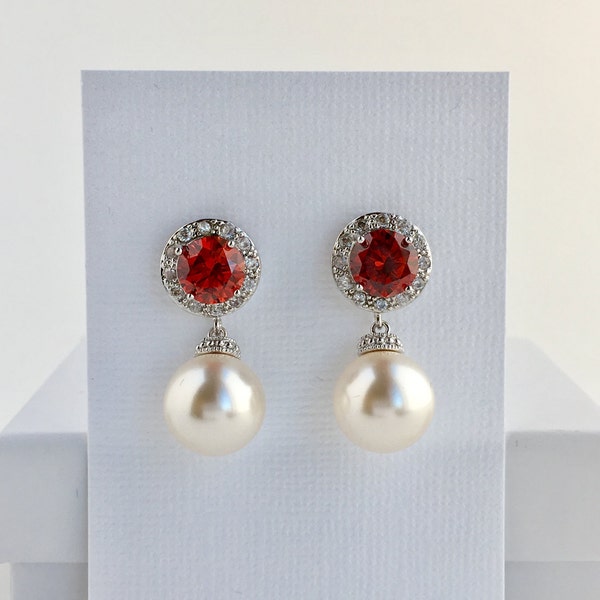 Red Bridal Earrings Red Crystal Halo Earrings Wedding Cubic Zirconia Earrings Bridal Red Austrian Pearl Earrings Red Halo Bridesmaid Jewelry