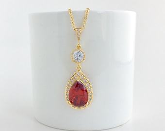 Red Bridal Gold Necklace Red Crystal Gold Necklace Ruby Gold Wedding Jewelry Red Bridesmaid Gold Jewelry Red Gold Necklace Red Gold Jewelry