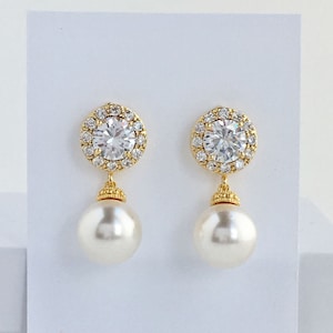 Gold Bridal Pearl Earrings: Cubic Zirconia Halo, Austrian Crystal