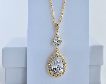 Gold Bridal Necklace Gold Wedding Crystal Pendant Gold Crystal Wedding Jewelry Gold Clear Crystal Necklace Gold Bridesmaid Crystal Jewelry
