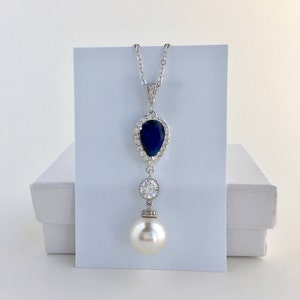 Blue Bridal Necklace Sapphire Wedding Cubic Zirconia Pendant Blue Austrian Pearl Jewelry Blue Bridesmaid Jewelry Blue Crystal Jewelry