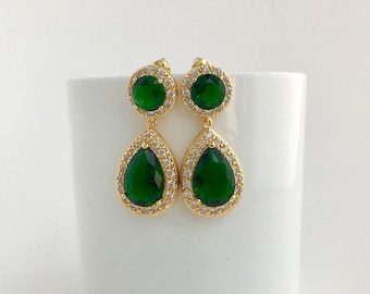 Green Crystal Gold Earrings Green Gold Cubic Zirconia Earrings Green Wedding Gold Jewelry Green Teardrop Earrings Green Gold Halo Earrings