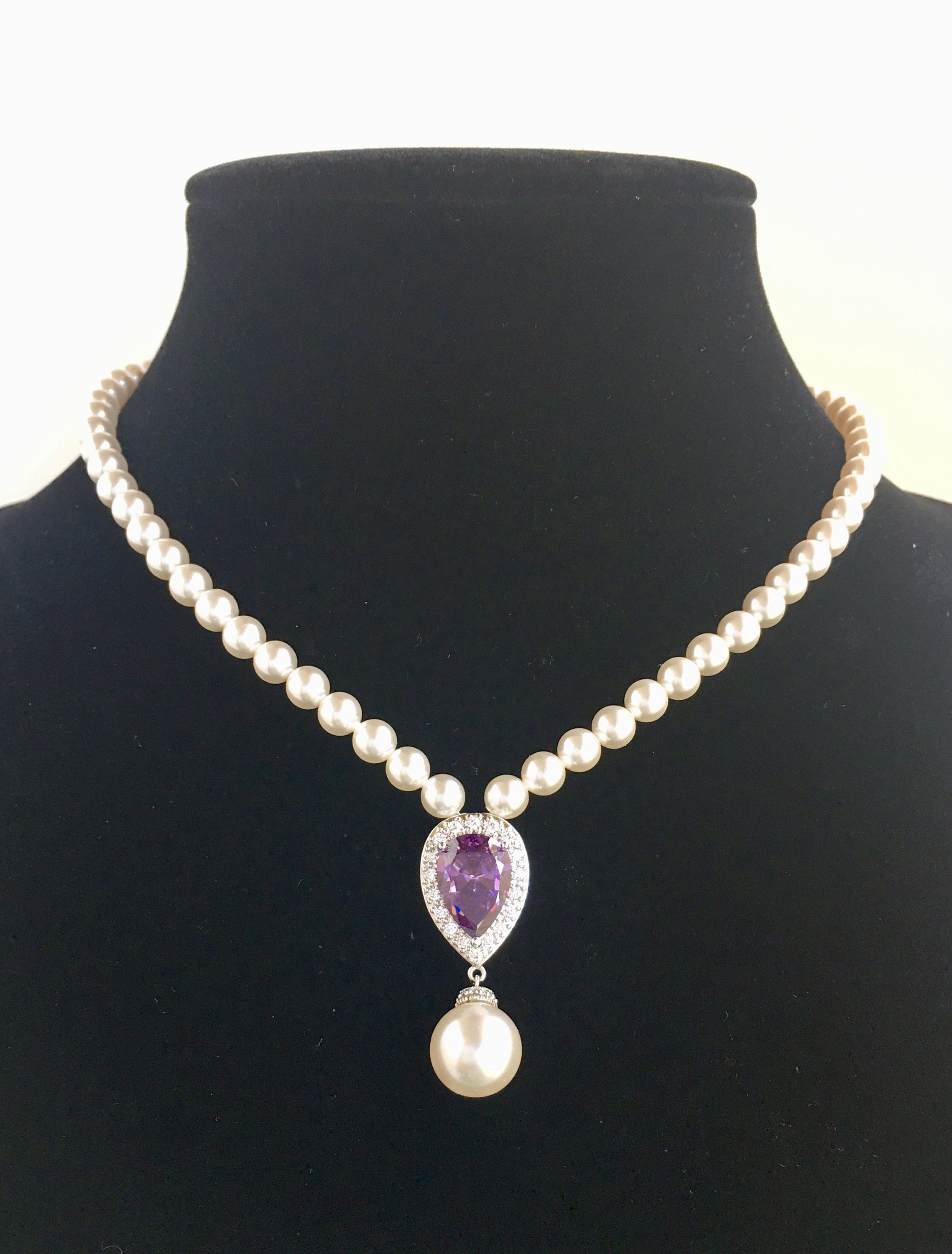 Amethyst Cubic Zirconia NecKlace Pearl Backdrop Necklace Wedding Crystal Teardrop Necklace Crystal Wedding Jewelry Purple Pearl Necklace