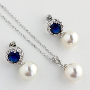 Sapphire Pearl Bridal Halo Set Blue Wedding Crystal Bridal Set Sapphire Cubic Zirconia Pearl Set Blue Bridesmaid Jewelry Set Blue Pearl Set