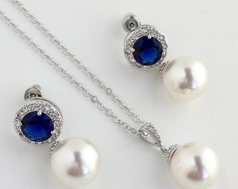 Sapphire Pearl Bridal Halo Set Blue Wedding Crystal Bridal Set Sapphire Cubic Zirconia Pearl Set Blue Bridesmaid Jewelry Set Blue Pearl Set