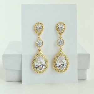 Gold Crystal Earrings Gold Bridal Earrings Gold Cubic Zirconia Drop Earrings Gold Wedding Teardrop Earrings Gold Bridesmaid Jewelry