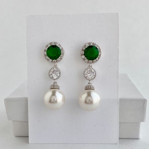 Green Bridal Jewelry Green Crystal Pearl Earrings Green Wedding Cubic Zirconia Jewelry Green Bridesmaid Jewelry Green Austrian Pearl Jewelry