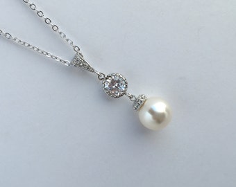 Pearl Bridal Necklace Crystal Jewelry Wedding Cubic Zirconia Jewelry Rhodium Pearl Pendant Austrian Crystal Pearl Jewelry Bridesmaid Jewelry